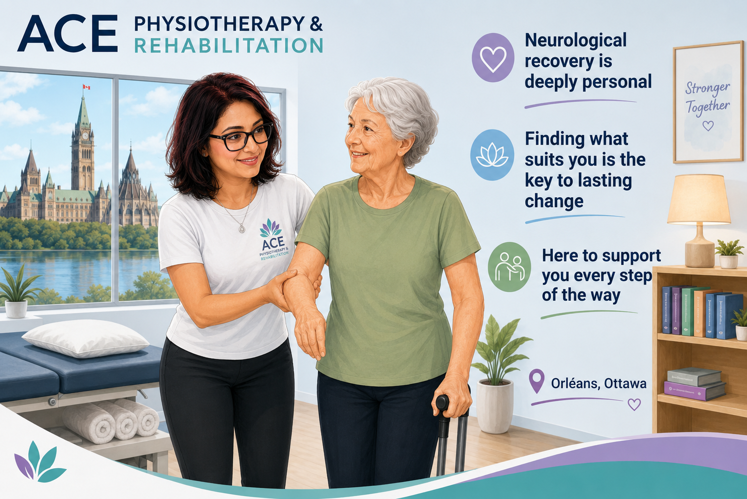 ACE Physiotherapy therapist assisting a patient during rehabilitation in Ottawa clinic.
